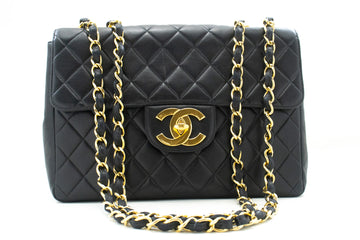 CHANEL Classic Large 11" Chain Shoulder Bag Flap Black Lambskin n20 hannari-shop