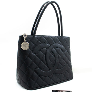 CHANEL Silver Medallion Caviar Shoulder Bag Shopping Tote Black n71 hannari-shop