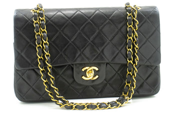 CHANEL Classic Double Flap 10" Chain Shoulder Bag Black Lambskin p18 hannari-shop