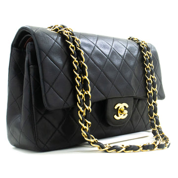 CHANEL Classic Double Flap 10" Chain Shoulder Bag Black Lambskin p21 hannari-shop