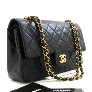 CHANEL Classic Double Flap 10" Chain Shoulder Bag Black Lambskin p32 hannari-shop