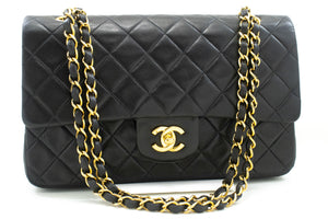 CHANEL Classic Double Flap 10" Chain Shoulder Bag Black Lambskin p32 hannari-shop