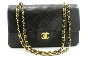 CHANEL Classic Double Flap 10" Chain Shoulder Bag Black Lambskin p05 hannari-shop