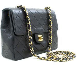 CHANEL Mini Square Small Chain Shoulder Bag Crossbody Black Lamb p39 hannari-shop