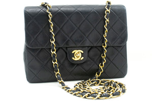 CHANEL Mini Square Small Chain Shoulder Bag Crossbody Black Lamb p39 hannari-shop