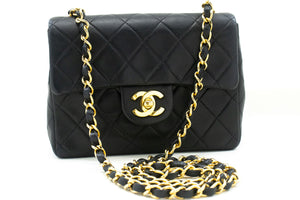 CHANEL Mini Square Small Chain Shoulder Bag Crossbody Black Lamb p40 hannari-shop