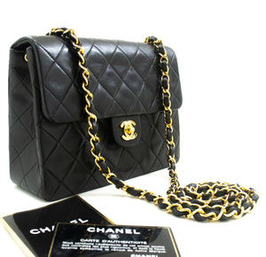 CHANEL Mini Square Small Chain Shoulder Bag Crossbody Black Lamb p52 hannari-shop