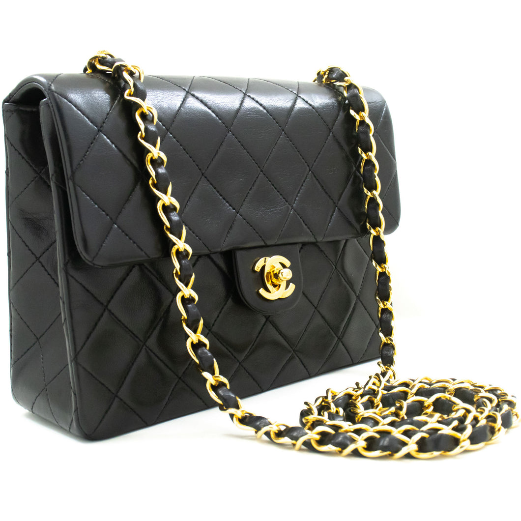 CHANEL Mini Square Small Chain Shoulder Bag Crossbody Black Lamb p41 hannari-shop