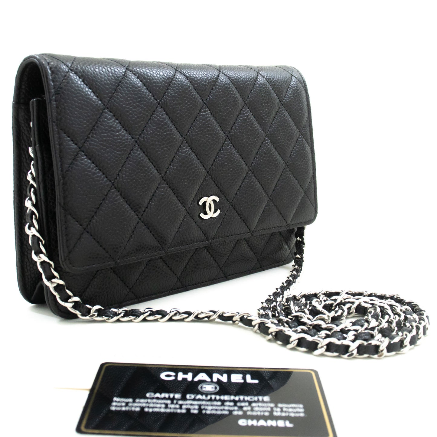 CHANEL Wallet On Chain WOC i kornet kalveskind, sort skuldertaske p60 hannari-shop
