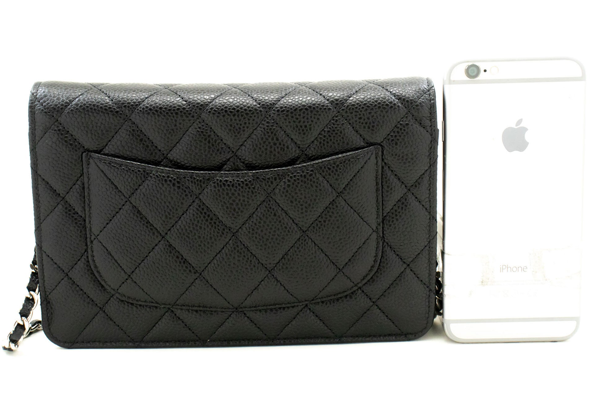 CHANEL Wallet On Chain WOC i kornet kalveskind, sort skuldertaske p60 hannari-shop