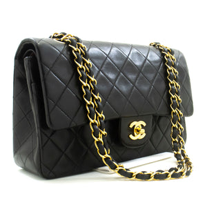 CHANEL Classic Double Flap 10" Chain Shoulder Bag Black Lambskin p59 hannari-shop