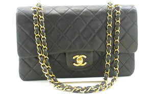 CHANEL Classic Double Flap 10" Chain Shoulder Bag Black Lambskin p49 hannari-shop