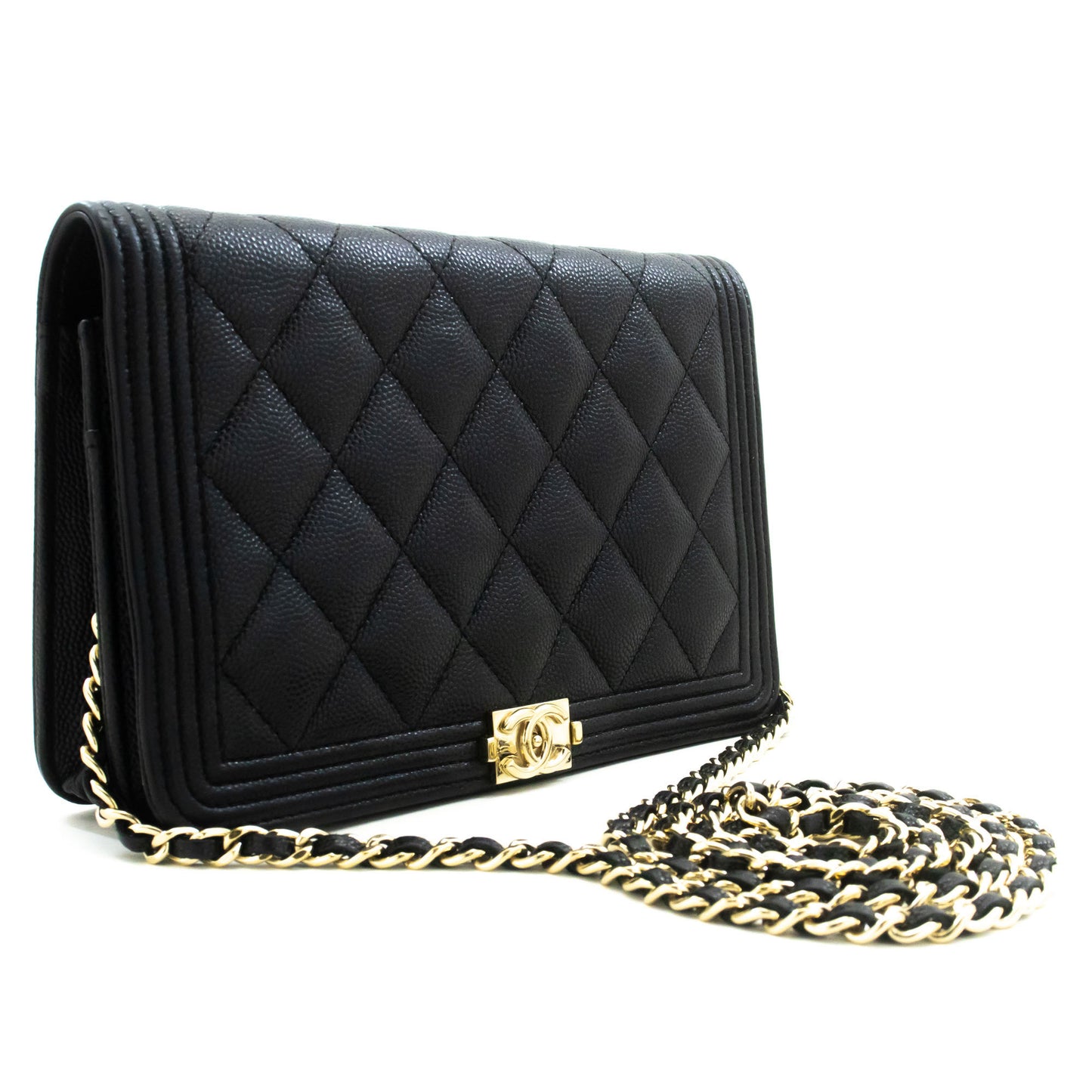 Portefeuille CHANEL Boy noir en veau grainé avec chaîne WOC sac à rabat p66 hannari-shop