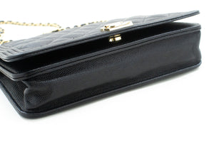 CHANEL Boy Black Grained Calfskin Wallet On Chain WOC Flap Bag p66 hannari-shop