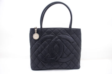 CHANEL Silver Medallion Caviar Shoulder Bag Shopping Tote Black n60 hannari-shop