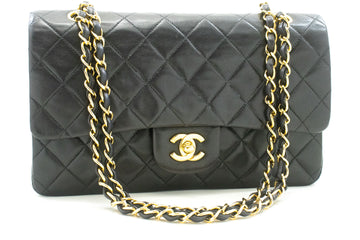 CHANEL Classic Double Flap 10" Chain Shoulder Bag Black Lambskin p58 hannari-shop