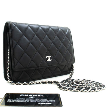 CHANEL Black Classic Wallet On Chain WOC Shoulder Bag Lambskin p78 hannari-shop