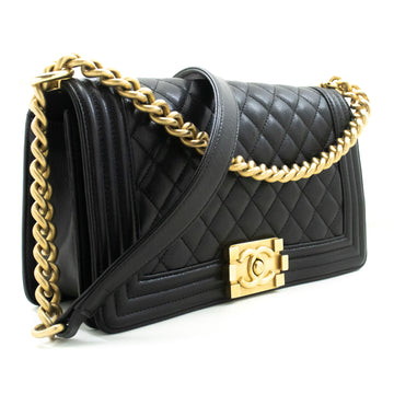 CHANEL Boy Grained Calfskin Chain Shoulder Bag Black Quilted Flap p65 hannari-shop