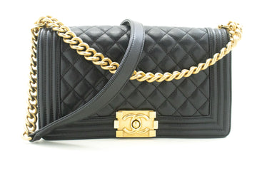 CHANEL Boy Grained Calfskin Chain Shoulder Bag Black Quilted Flap p65 hannari-shop
