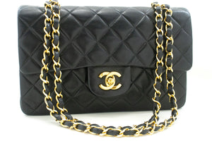 CHANEL Classic Double Flap 9" Chain Shoulder Bag Black Lambskin p68 hannari-shop