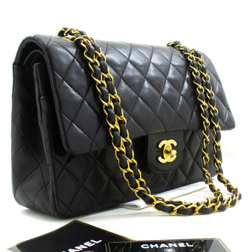CHANEL Classic Double Flap 10" Chain Shoulder Bag Black Lambskin p73 hannari-shop