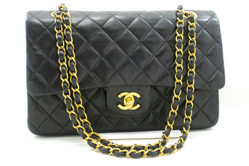 CHANEL Classic Double Flap 10" Chain Shoulder Bag Black Lambskin p73 hannari-shop