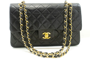 CHANEL Classic Double Flap 10" Chain Shoulder Bag Black Lambskin p64 hannari-shop