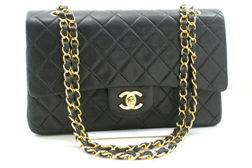 CHANEL Classic Double Flap 10" Chain Shoulder Bag Black Lambskin p61 hannari-shop