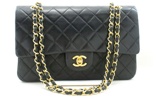 CHANEL Classic Double Flap 10" Chain Shoulder Bag Black Lambskin p76 hannari-shop