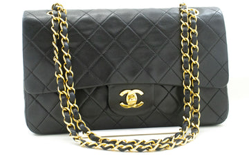 CHANEL Classic Double Flap 10" Chain Shoulder Bag Black Lambskin p87 hannari-shop