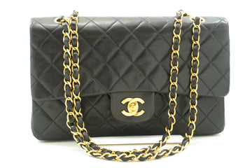 CHANEL Classic Double Flap 10" Chain Shoulder Bag Black Lambskin p82 hannari-shop