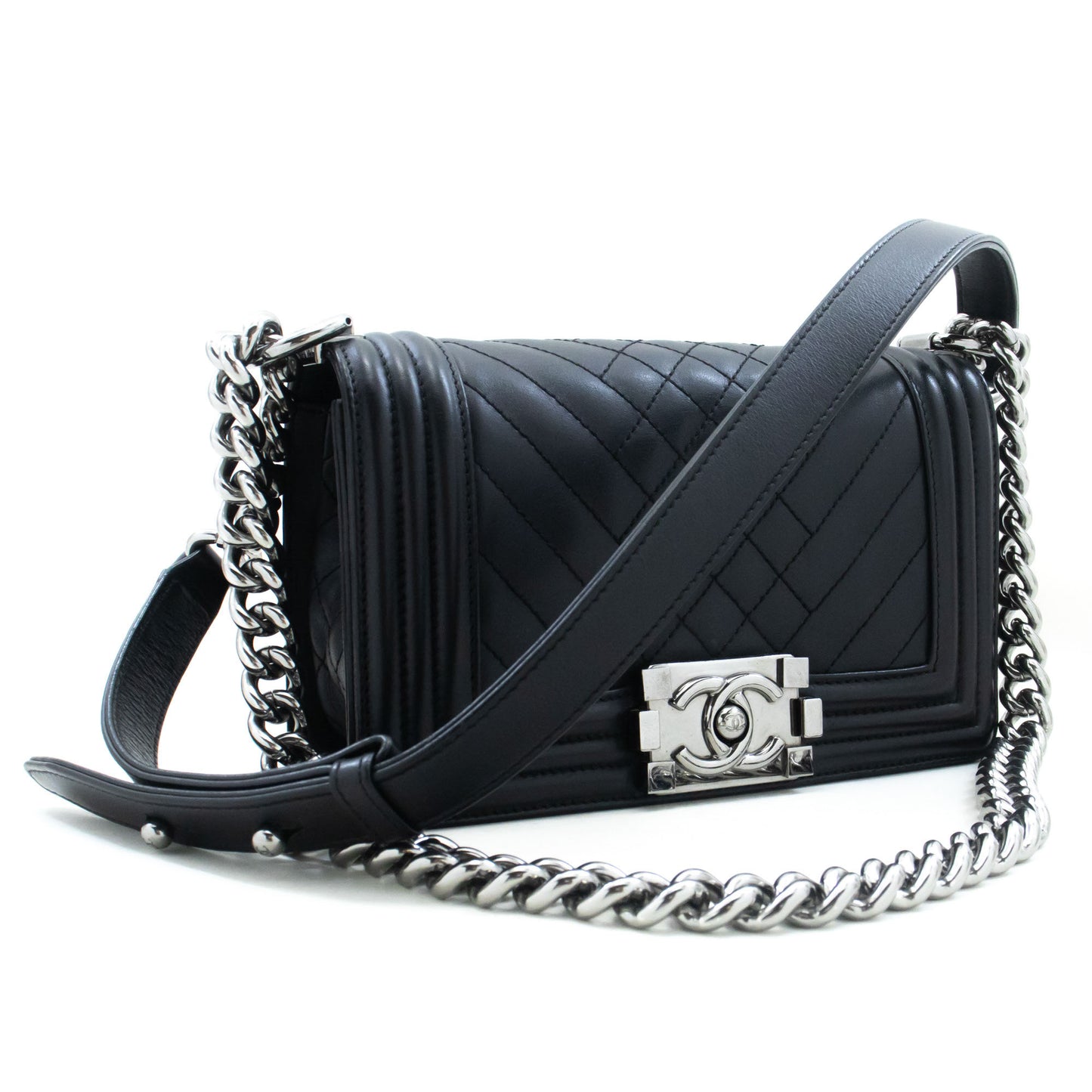 CHANEL Small Boy Chain Skuldertaske Sort Quiltet Klap Kalveskind p93 hannari-shop