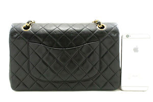 CHANEL Classic Double Flap 10" Chain Shoulder Bag Black Lambskin p84 hannari-shop