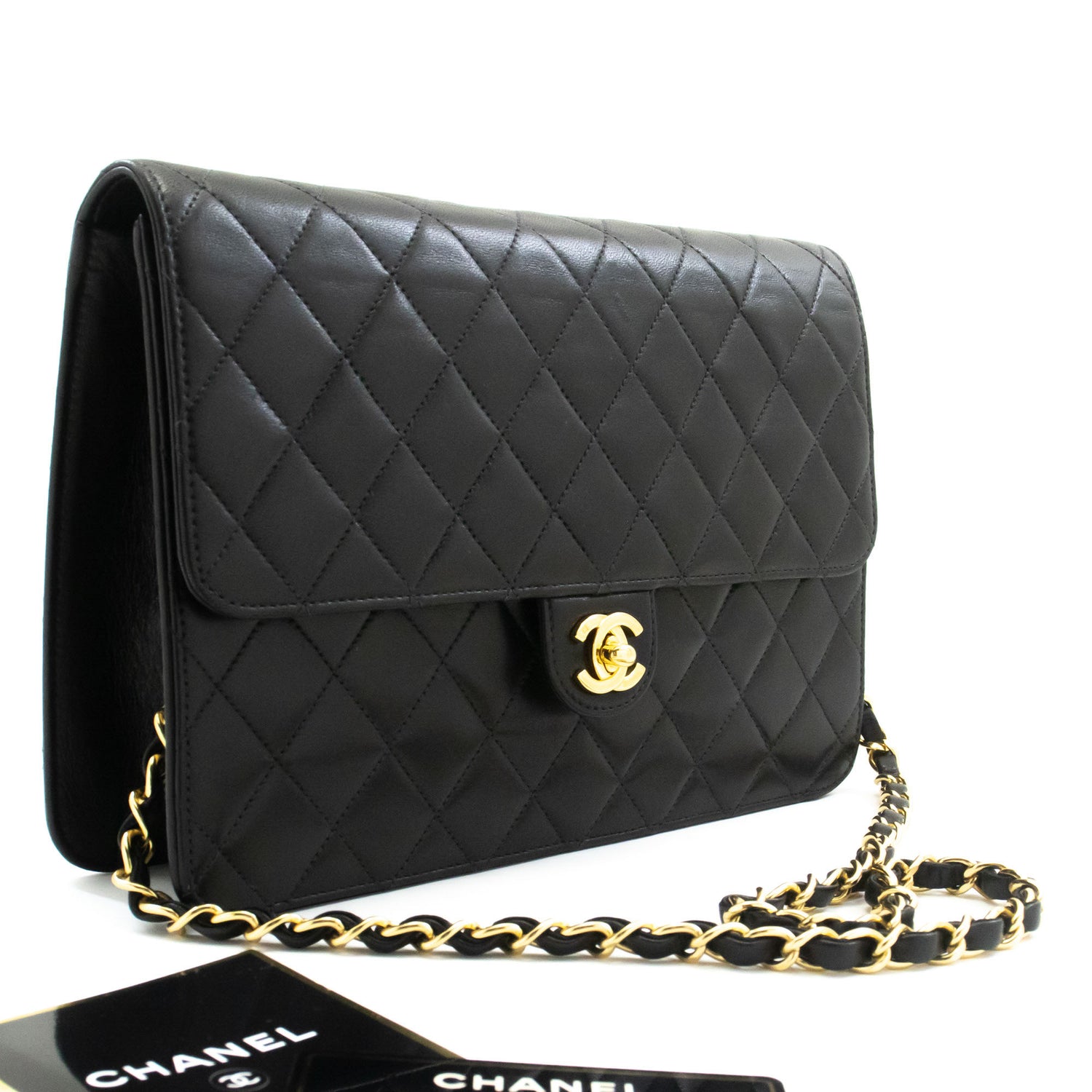 CHANEL skuldertaske med kæde, clutch, sort quiltet flap i lammeskind, taske aa2 hannari-shop