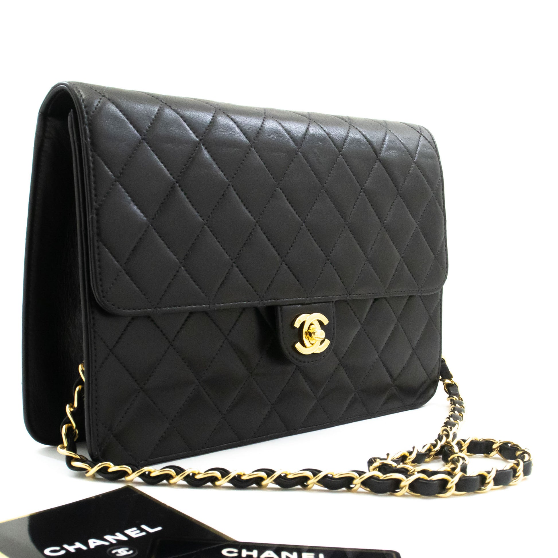 CHANEL skuldertaske med kæde, clutch, sort quiltet flap i lammeskind, taske aa2 hannari-shop