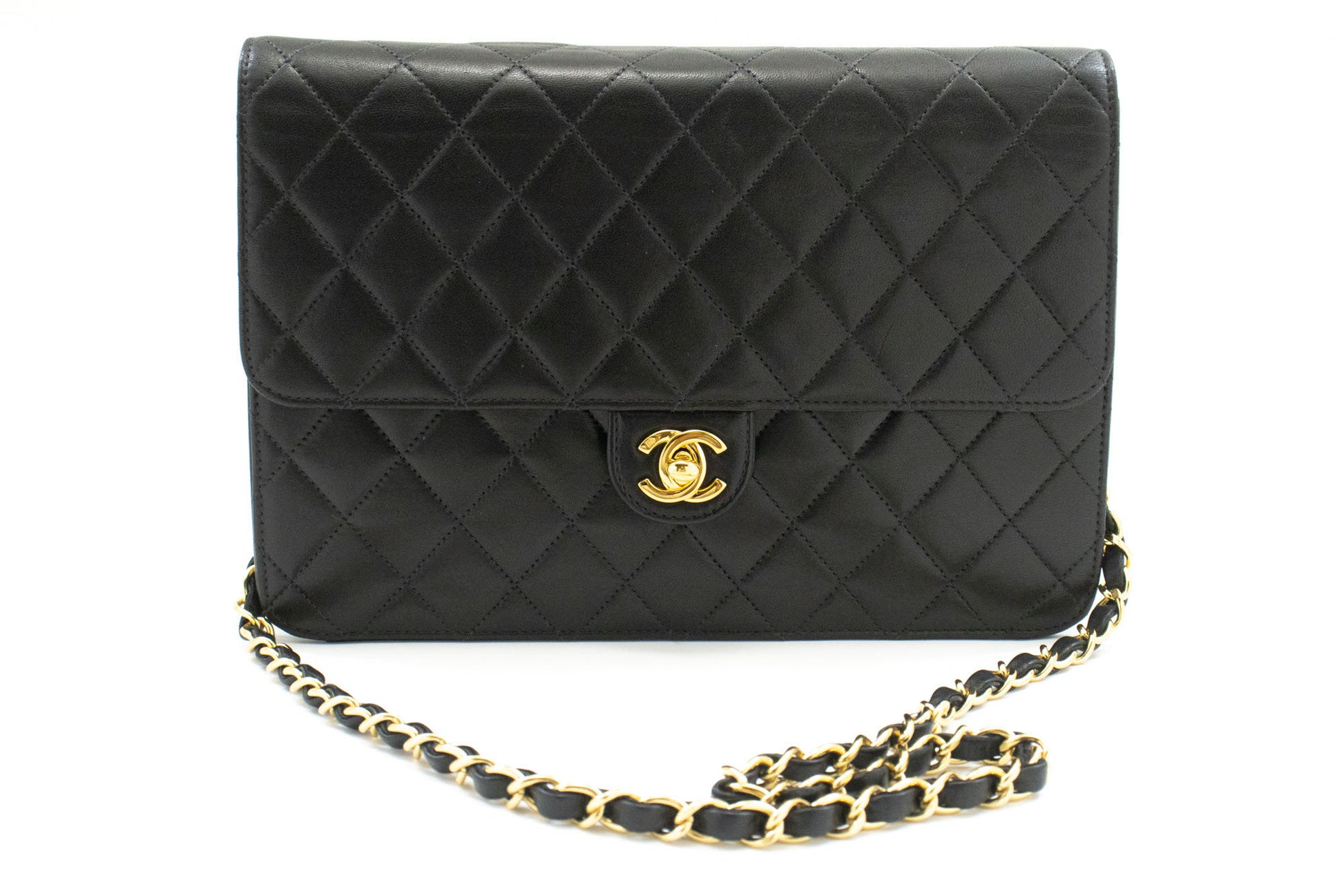 CHANEL skuldertaske med kæde, clutch, sort quiltet flap i lammeskind, taske aa2 hannari-shop