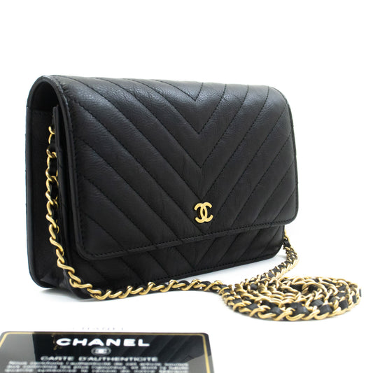 CHANEL V-Stitch Calfskin Wallet On Chain WOC Chain Shoulder Bag ab2 hannari-shop