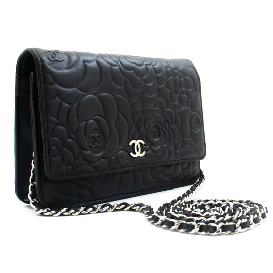 CHANEL Black Camellia Embossed Wallet On Chain WOC Shoulder Bag ab6 hannari-shop