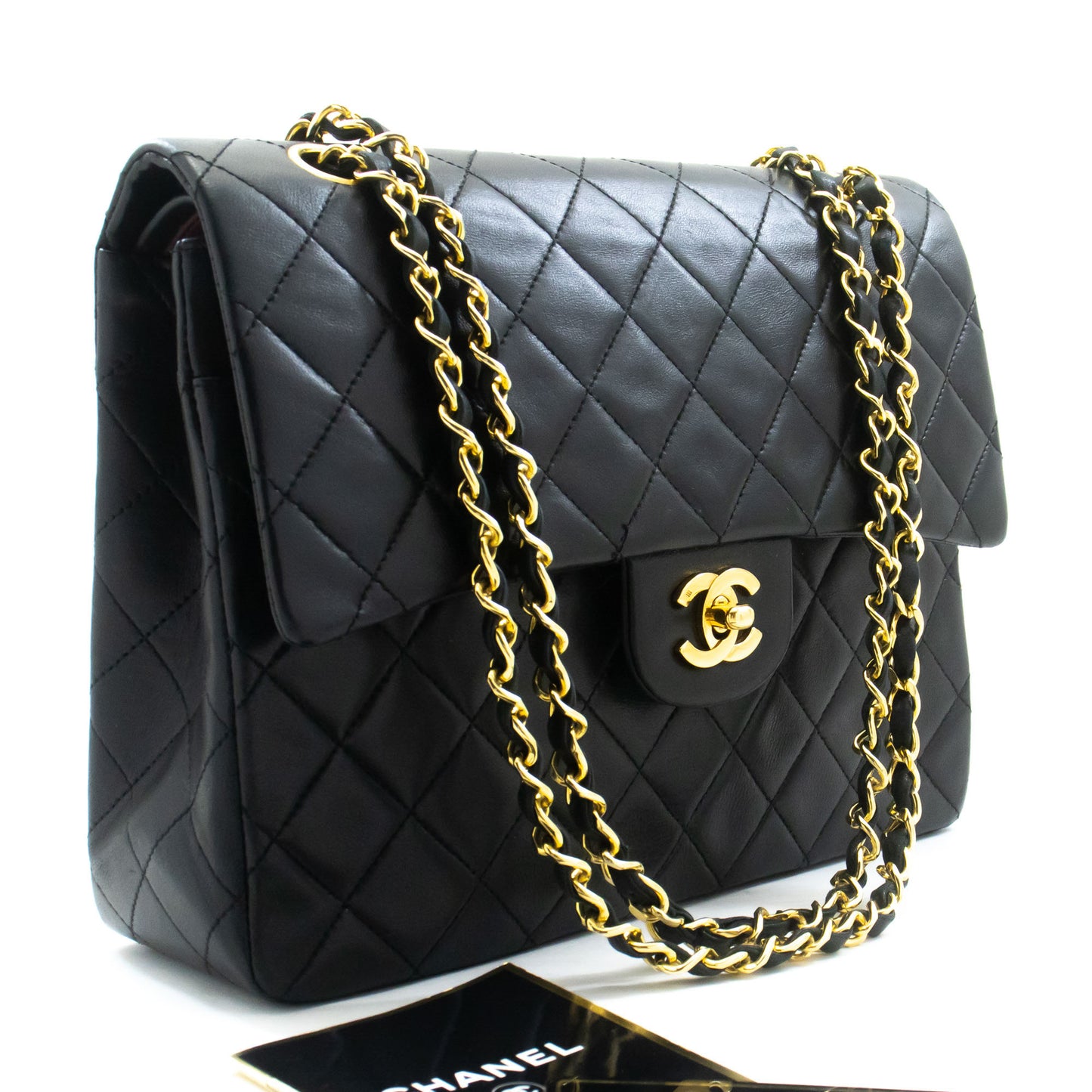Sac à bandoulière carré CHANEL Classic Double Flap en agneau noir ad7 hannari-shop
