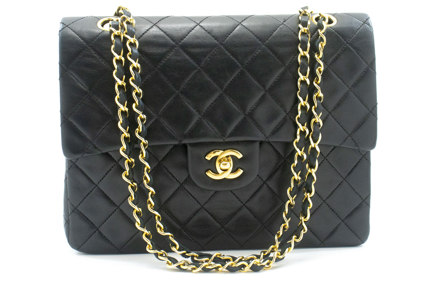 Sac à bandoulière carré CHANEL Classic Double Flap en agneau noir ad7 hannari-shop