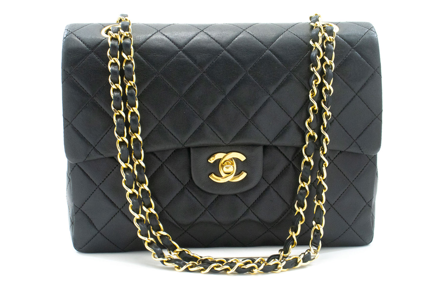 Sac à bandoulière carré CHANEL Classic Double Flap en agneau noir ad1 hannari-shop