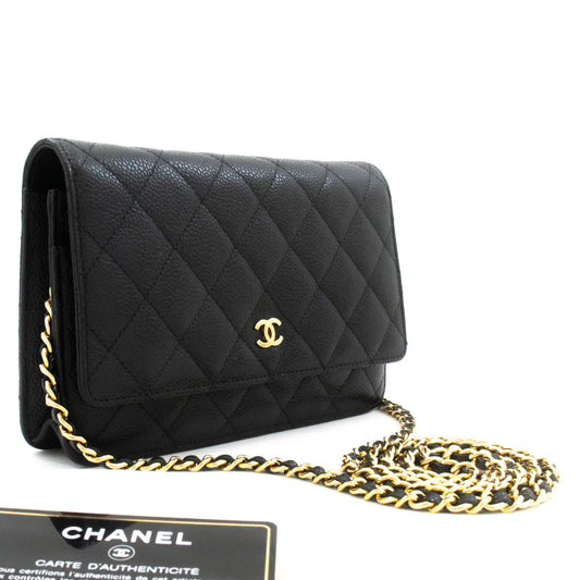 CHANEL Grained Calfskin Wallet On Chain WOC Black Shoulder Bag af8 hannari-shop