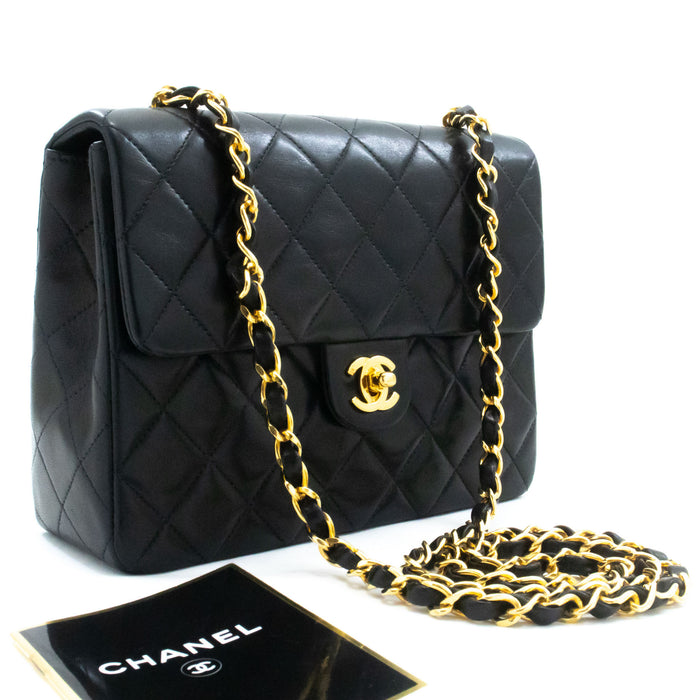 CHANEL Mini Square Small Chain Shoulder Bag Crossbody Black Lamb af9 hannari-shop