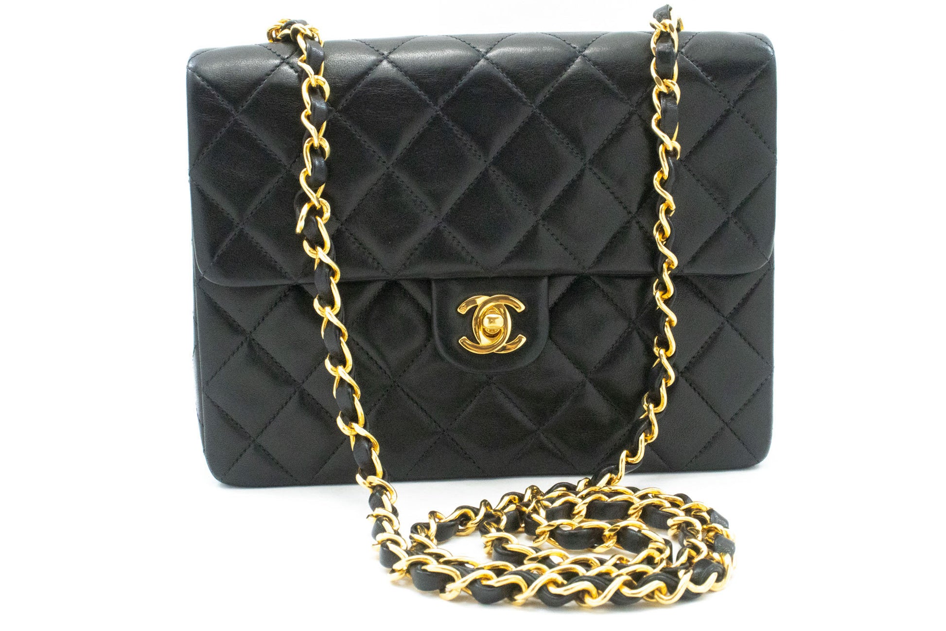 CHANEL Mini Square Small Chain Shoulder Bag Crossbody Black Lamb af9 hannari-shop