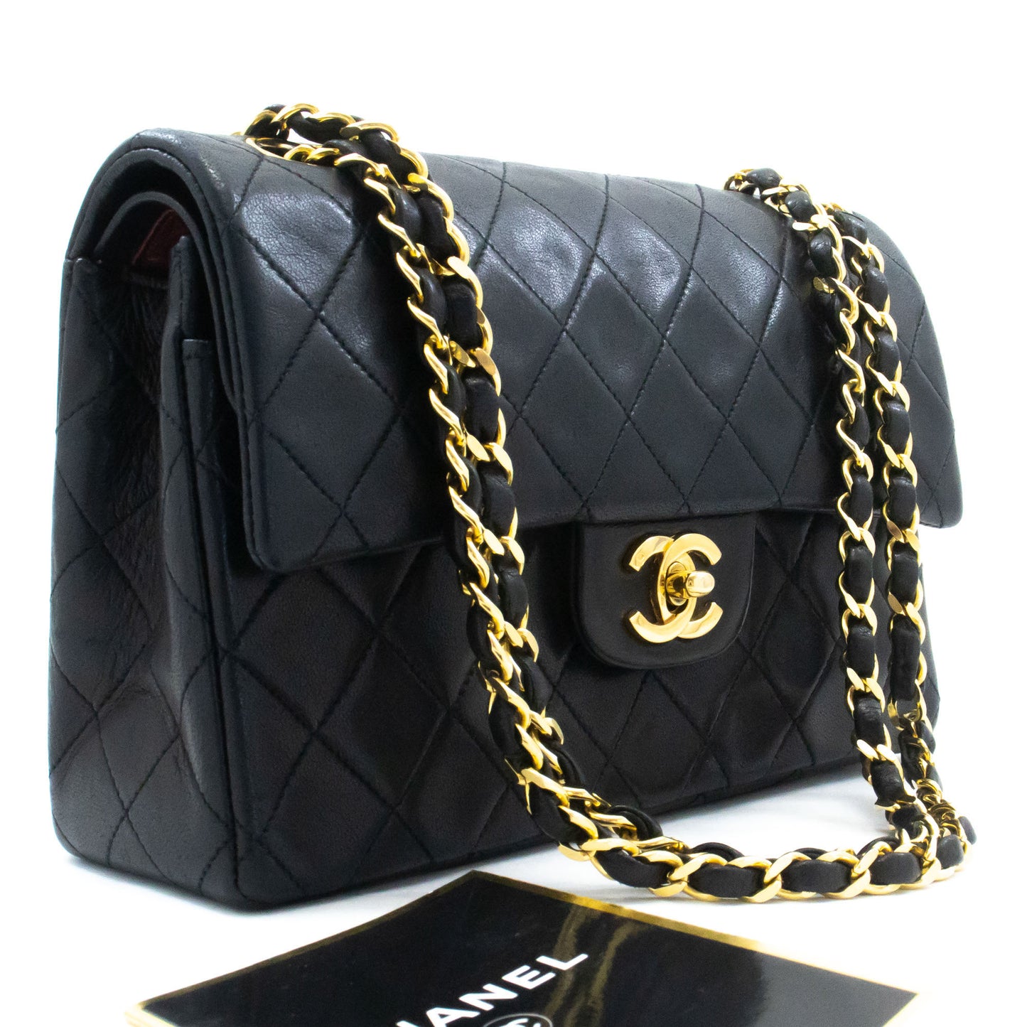 CHANEL Classic Double Flap 9" Schultertasche mit Kette, Schwarz, Lammleder p46 hannari-shop