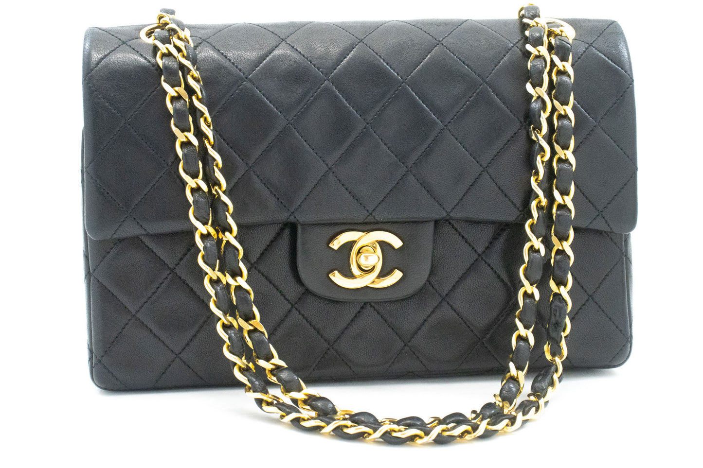 CHANEL Classic Double Flap 9" Schultertasche mit Kette, Schwarz, Lammleder p46 hannari-shop