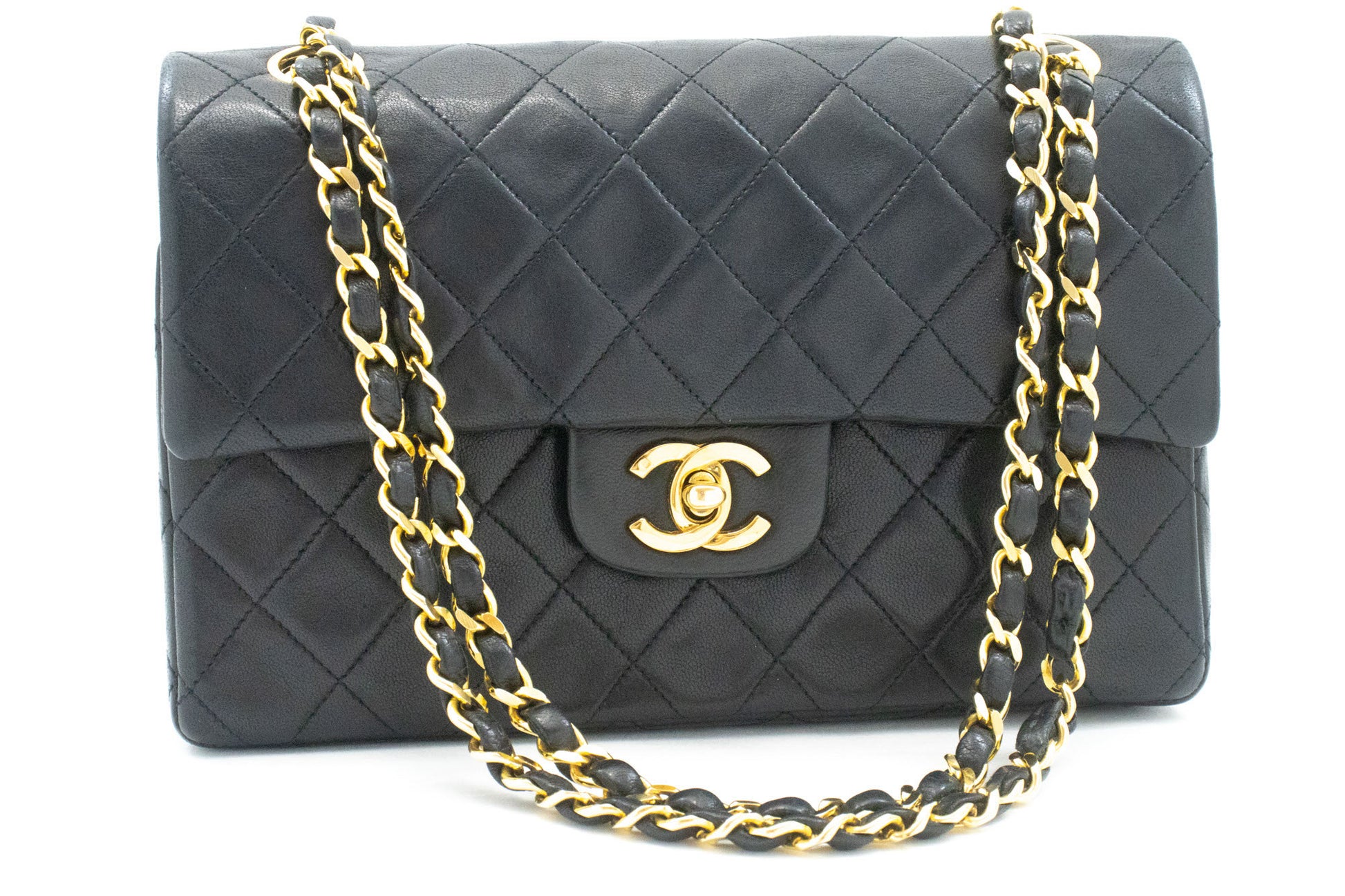 CHANEL Classic Double Flap 9" Schultertasche mit Kette, Schwarz, Lammleder p46 hannari-shop