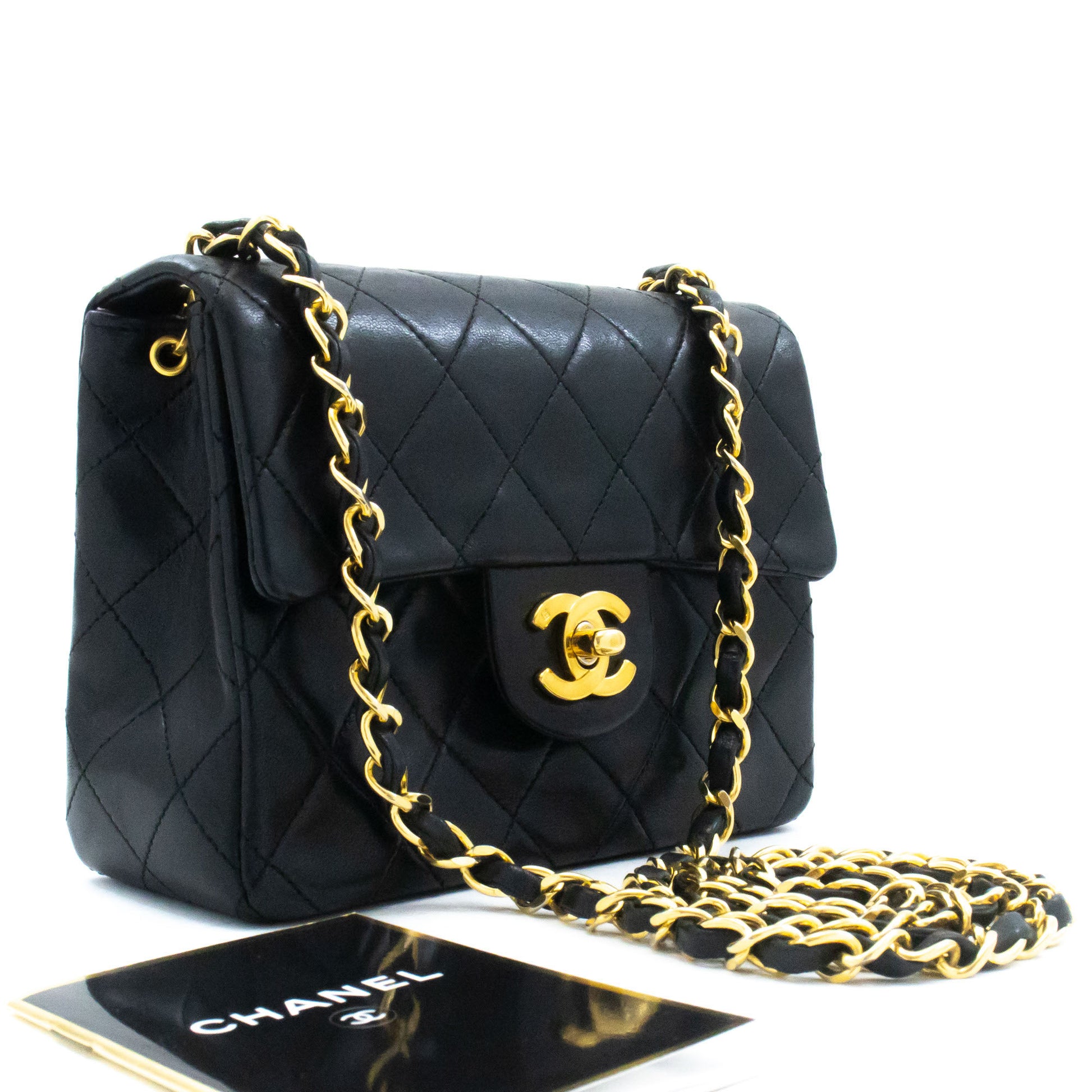 CHANEL Mini Square Borsa a Tracolla Piccola con Catena Nera in Agnello ag9 hannari-shop