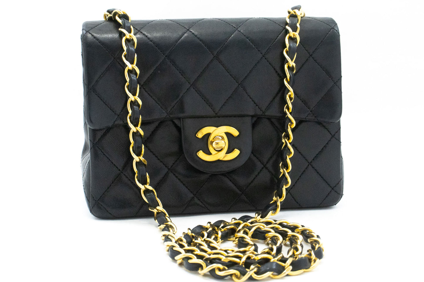CHANEL Mini Square Borsa a Tracolla Piccola con Catena Nera in Agnello ag9 hannari-shop