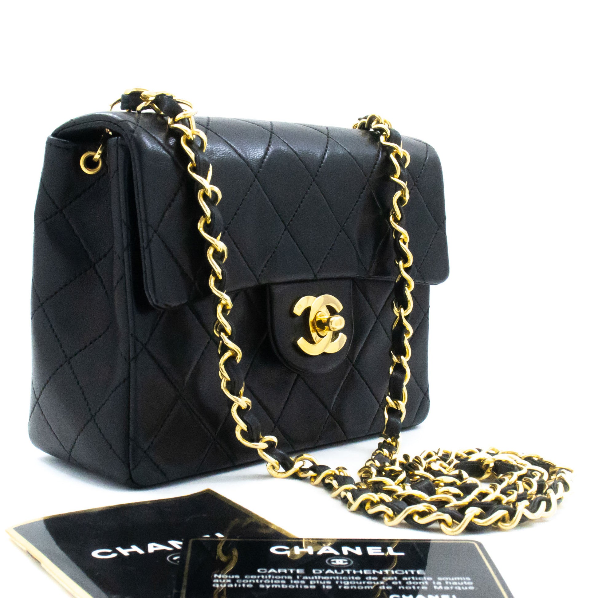 CHANEL Mini Square Small Chain Shoulder Bag Crossbody Black Lamb ag7 hannari-shop